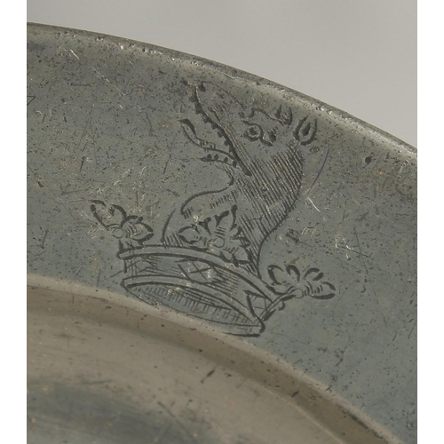 1452 - THREE EARLY PEWTER PLATES, Griffin Crown Crest. 9.5ins diameter.