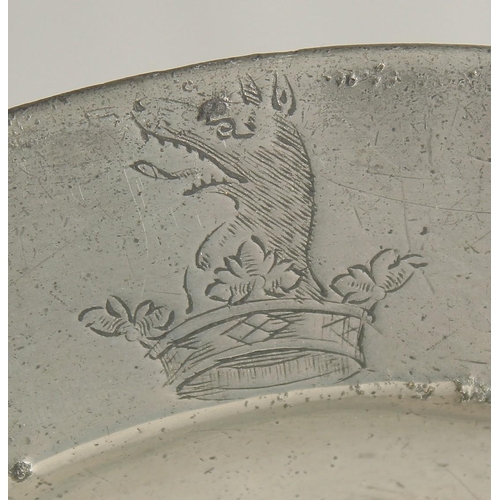 1452 - THREE EARLY PEWTER PLATES, Griffin Crown Crest. 9.5ins diameter.