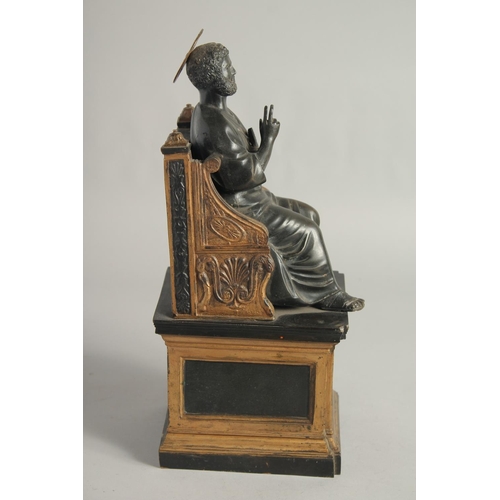 1456 - AFTER THE ANTIQUE. A 19TH CENTURY BRONZE SAINT SITTING ON A THRONE 14ins high.