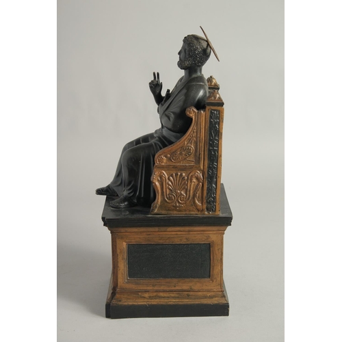 1456 - AFTER THE ANTIQUE. A 19TH CENTURY BRONZE SAINT SITTING ON A THRONE 14ins high.