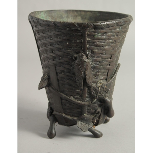 1459 - A PAIR OF ORIENTAL FRENCH BRONZE BASKETS with leaves and locks. 6ins high.