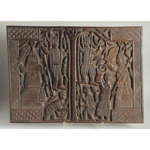 1466 - A WELL CARVED BENIN WOOD PANEL formed as two connecting panels of figures. 19ins & 26ins.