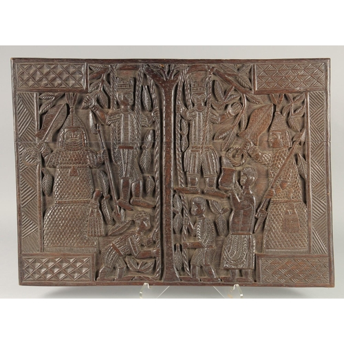 1466 - A WELL CARVED BENIN WOOD PANEL formed as two connecting panels of figures. 19ins & 26ins.