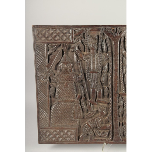 1466 - A WELL CARVED BENIN WOOD PANEL formed as two connecting panels of figures. 19ins & 26ins.