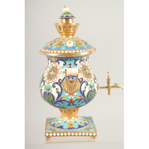 1522 - A MINIATURE RUSSIAN SILVER GILT AND CLOISONNE ENAMEL SAMOVAR. 3.75ins high, Mark 84