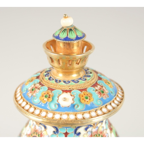 1522 - A MINIATURE RUSSIAN SILVER GILT AND CLOISONNE ENAMEL SAMOVAR. 3.75ins high, Mark 84