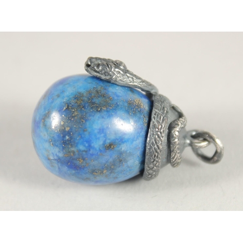 1523 - A RUSSIAN LAPIS EGG PENDANT with an entwined silver snake. 1ins long.