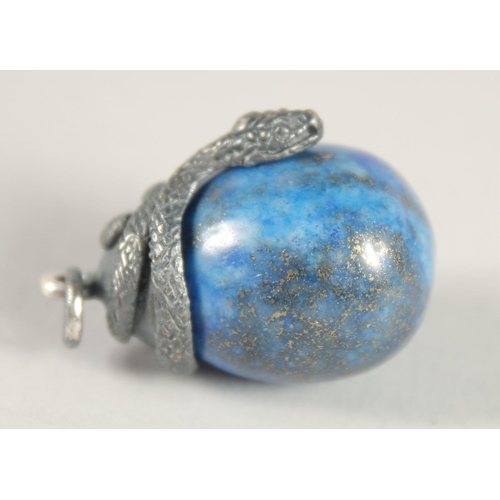 1523 - A RUSSIAN LAPIS EGG PENDANT with an entwined silver snake. 1ins long.