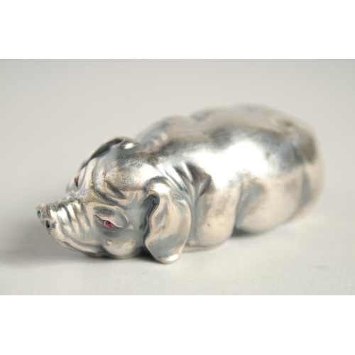 1527 - A SMALL RUSSIAN SILVER SLEEPING PIG, 2.75ins long. Mark I.P. Head 84, Eagle, Faberge mark.