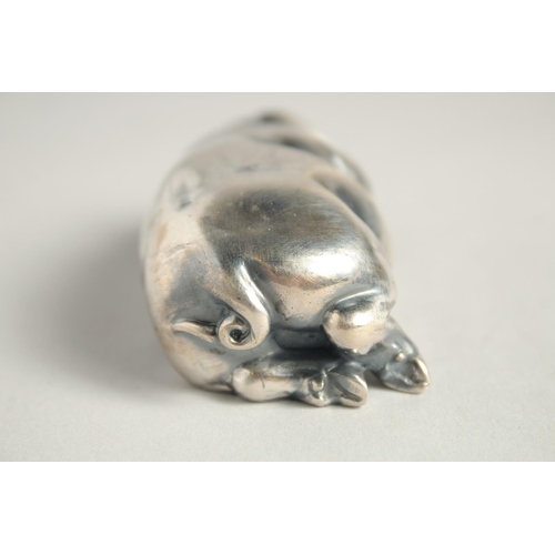 1527 - A SMALL RUSSIAN SILVER SLEEPING PIG, 2.75ins long. Mark I.P. Head 84, Eagle, Faberge mark.