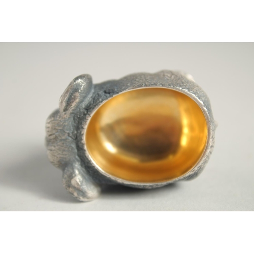 1528 - A SMALL RUSSIAN SILVER ELEPHANT SALT, 1.75ins long. Mark, No. over 1897, Eagle, Faberge mark.