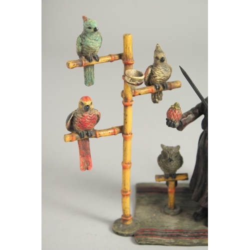 1532 - A VIENNA COLD CAST PAINTED GROUP OF THE PARROT VENDOR a monkey by his side. 6.5ins long.