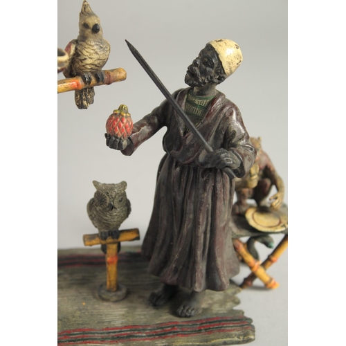 1532 - A VIENNA COLD CAST PAINTED GROUP OF THE PARROT VENDOR a monkey by his side. 6.5ins long.