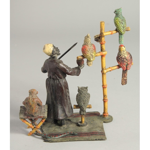 1532 - A VIENNA COLD CAST PAINTED GROUP OF THE PARROT VENDOR a monkey by his side. 6.5ins long.