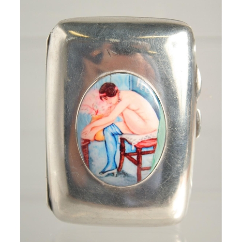 1541 - A PLAIN SILVER CIGARETTE CASE. Birmingham, 1916 with enamel nude.