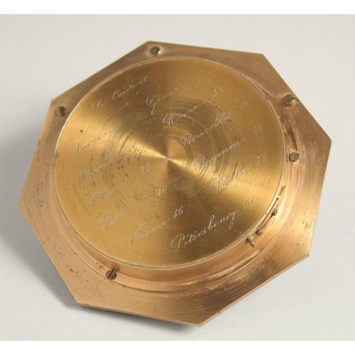 1548 - A GEORGIAN OCTAGONAL BRASS TRAVELLING COMPASS with silvered dial. Made in Paris. 3.75ins in a leathe... 