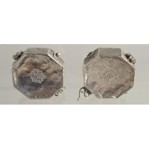 1566 - TWO SMALL ISLAMIC SILVER OCTAGONAL BOXES. 1.75ins.