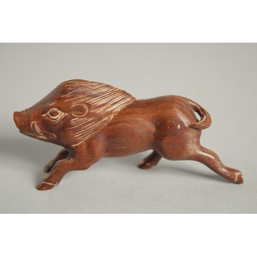 1577 - A BONE NETSUKE OF A BOAR. Signed, 2.5ins.