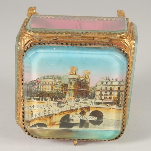 1640 - A GOOD SQUARE GLASS AND GILT JEWELLERY BOX, Besancon 4ins square.