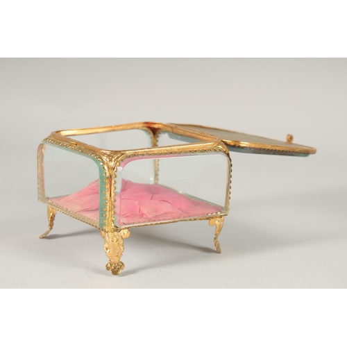 1640 - A GOOD SQUARE GLASS AND GILT JEWELLERY BOX, Besancon 4ins square.