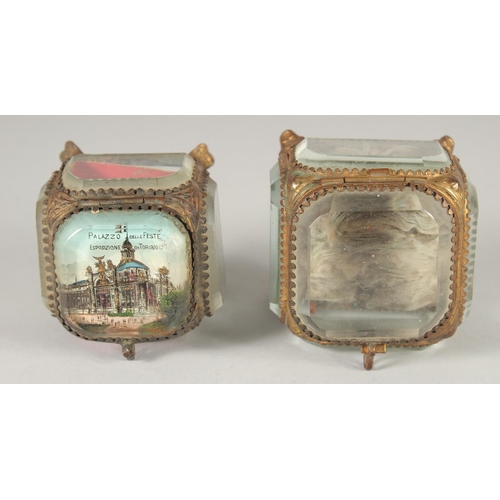 1641 - TWO GOOD SQUARE GLASS AND GILT JEWELLERY BOXES, one Torino, 1911. 2.5ins square.