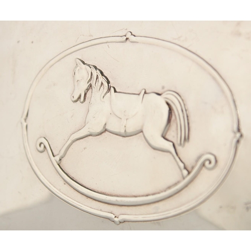 1671 - A SILVER PLATE BABY BOX, the lid with rocking horse. 4.25ins x 3.25ins