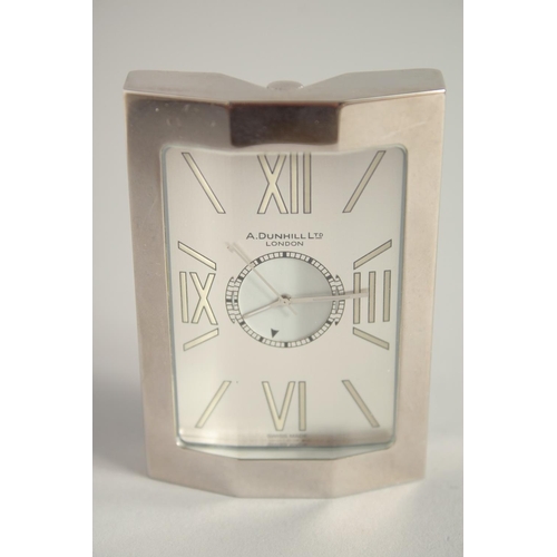 1679 - A GOOD A. DUNHILL LTD. CHROME CLOCK, No. A L 00383 0935 AL DU. 2.75ins high in a black Dunhill box.... 