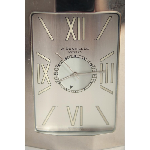 1679 - A GOOD A. DUNHILL LTD. CHROME CLOCK, No. A L 00383 0935 AL DU. 2.75ins high in a black Dunhill box.... 