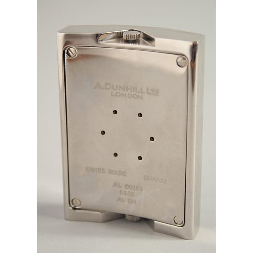 1679 - A GOOD A. DUNHILL LTD. CHROME CLOCK, No. A L 00383 0935 AL DU. 2.75ins high in a black Dunhill box.... 