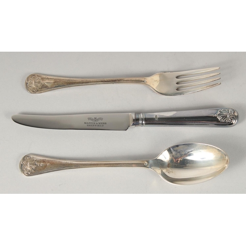 1690 - A MAPPIN & WEBB THREE PIECE CHRISTENING SET, spoon, knife & fork in a blue box.