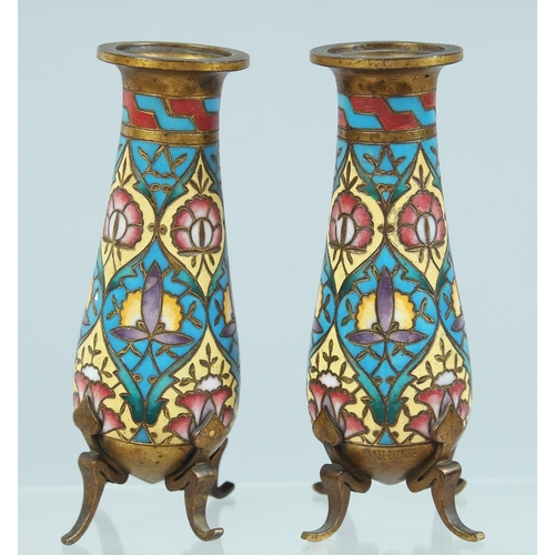 1695 - A SMALL PAIR OF 19TH CENTURY FRENCH CLOISONNE ENAMEL VASES with BARBEDIENNE stamp. 4ins high.