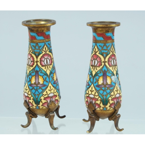 1695 - A SMALL PAIR OF 19TH CENTURY FRENCH CLOISONNE ENAMEL VASES with BARBEDIENNE stamp. 4ins high.