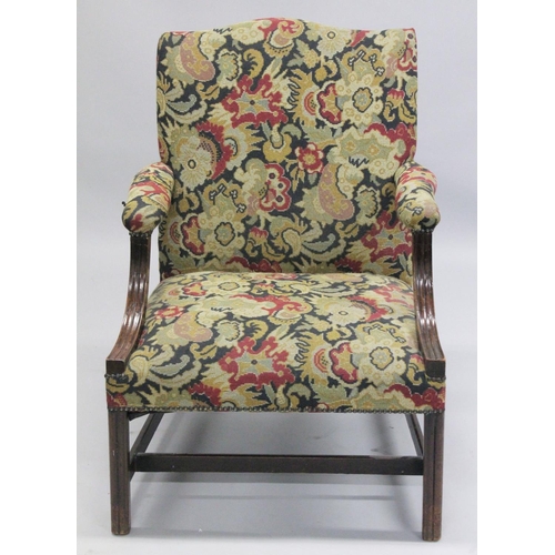 1003 - A NEAR PAIR OF GEORGIAN DESIGN MAHOGANY FRAMED GAINSBOROUGH ARMCHAIRS with tapestry back, arms and s... 