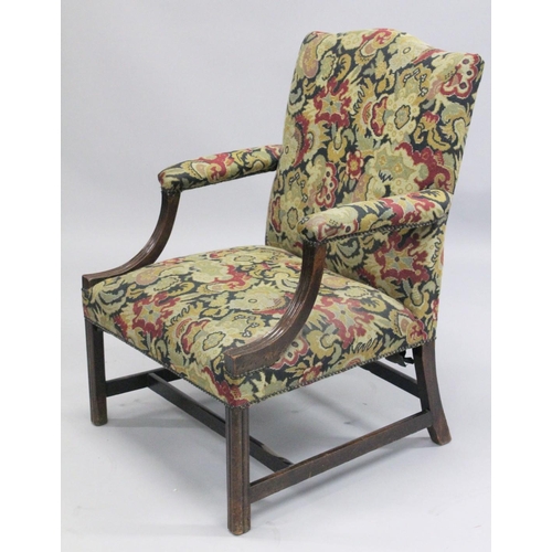 1003 - A NEAR PAIR OF GEORGIAN DESIGN MAHOGANY FRAMED GAINSBOROUGH ARMCHAIRS with tapestry back, arms and s... 