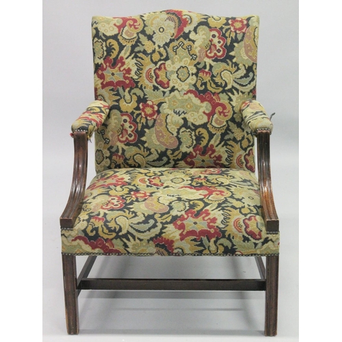 1003 - A NEAR PAIR OF GEORGIAN DESIGN MAHOGANY FRAMED GAINSBOROUGH ARMCHAIRS with tapestry back, arms and s... 