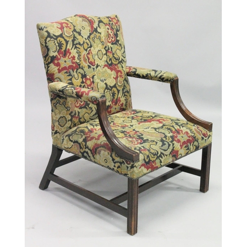 1003 - A NEAR PAIR OF GEORGIAN DESIGN MAHOGANY FRAMED GAINSBOROUGH ARMCHAIRS with tapestry back, arms and s... 