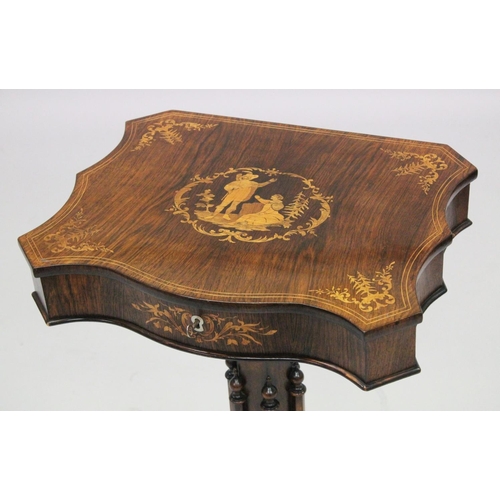 1006 - A SUPERB 19TH CENTURY ROSEWOOD INLAID SEWING TABLE, the shaped top with figures, opening to reveal a... 