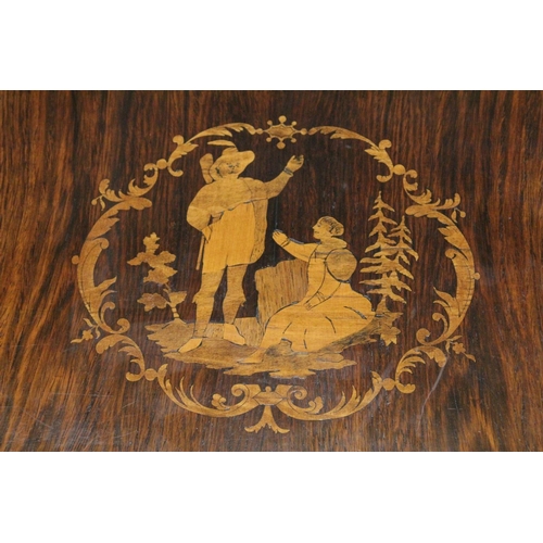 1006 - A SUPERB 19TH CENTURY ROSEWOOD INLAID SEWING TABLE, the shaped top with figures, opening to reveal a... 