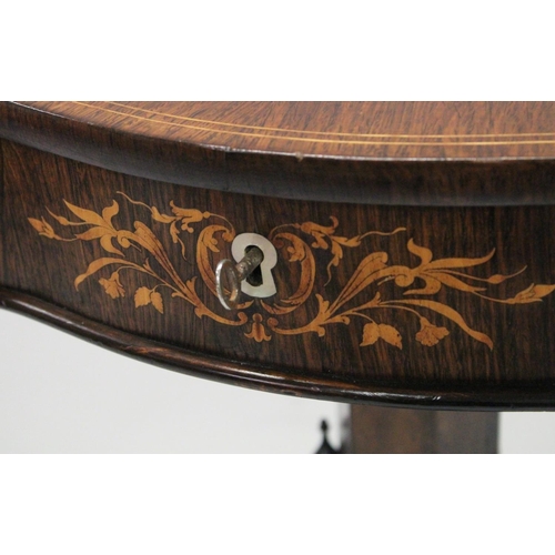 1006 - A SUPERB 19TH CENTURY ROSEWOOD INLAID SEWING TABLE, the shaped top with figures, opening to reveal a... 