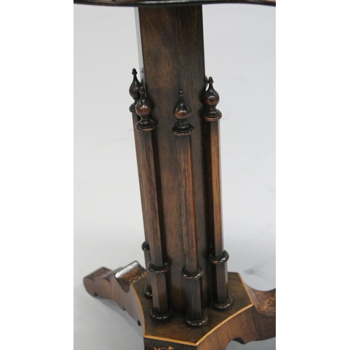 1006 - A SUPERB 19TH CENTURY ROSEWOOD INLAID SEWING TABLE, the shaped top with figures, opening to reveal a... 