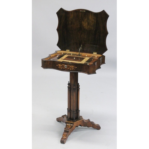 1006 - A SUPERB 19TH CENTURY ROSEWOOD INLAID SEWING TABLE, the shaped top with figures, opening to reveal a... 