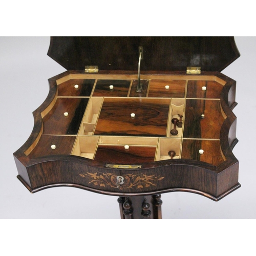 1006 - A SUPERB 19TH CENTURY ROSEWOOD INLAID SEWING TABLE, the shaped top with figures, opening to reveal a... 