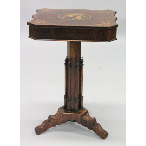 1006 - A SUPERB 19TH CENTURY ROSEWOOD INLAID SEWING TABLE, the shaped top with figures, opening to reveal a... 