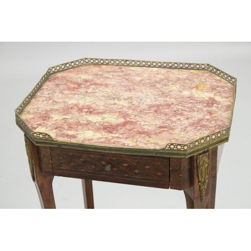 1008 - A GOOD 19TH CENTURY FRENCH PARQUETRY MARBLE TOP TABLE, with single drawer, on curving legs with unde... 