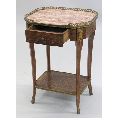 1008 - A GOOD 19TH CENTURY FRENCH PARQUETRY MARBLE TOP TABLE, with single drawer, on curving legs with unde... 