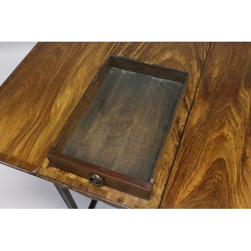 1014 - A VERY GOOD GEORGE III MAHOGANY DROP FLAP TABLE with cross banded top, single end drawer, gate leg a... 