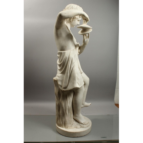 1051 - A FINE QUALITY ITALIAN MARBLE SCULPTURE OF A YOUNG CHILD playing cymbals, 44..5ins (113cm) high.