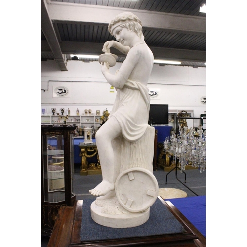 1051 - A FINE QUALITY ITALIAN MARBLE SCULPTURE OF A YOUNG CHILD playing cymbals, 44..5ins (113cm) high.