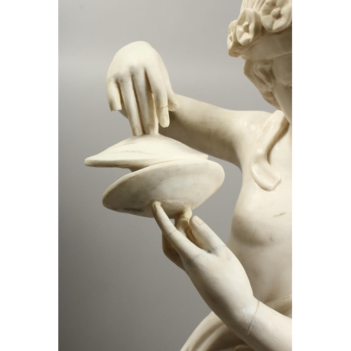 1051 - A FINE QUALITY ITALIAN MARBLE SCULPTURE OF A YOUNG CHILD playing cymbals, 44..5ins (113cm) high.