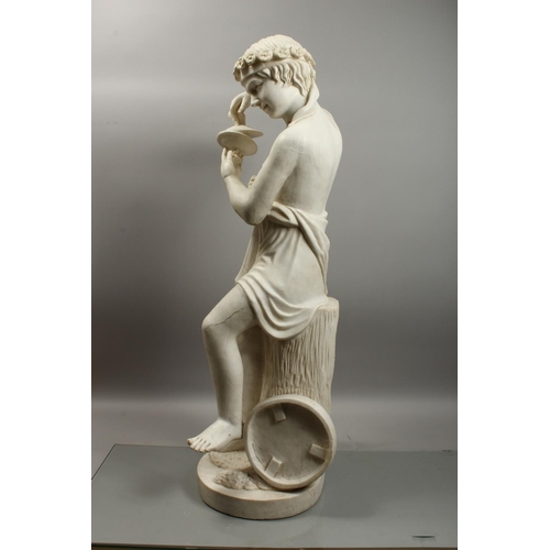 1051 - A FINE QUALITY ITALIAN MARBLE SCULPTURE OF A YOUNG CHILD playing cymbals, 44..5ins (113cm) high.